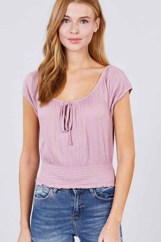 Short Puff Sleeve Front Tie Detail Smocked Waist Knit Gauze Top - Absolute Fashion 2020
