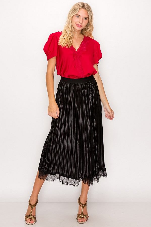 Lace Trim Accordion Pleated Midi Skirt - Absolute Fashion 2020