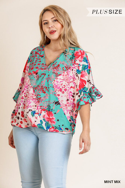 Floral Animal Mixed Print Ruffle Sleeve V-neck Crossbody Top With Scoop Hem - Absolute Fashion 2020