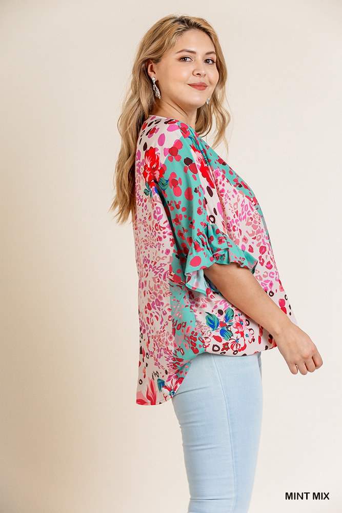 Floral Animal Mixed Print Ruffle Sleeve V-neck Crossbody Top With Scoop Hem - Absolute Fashion 2020