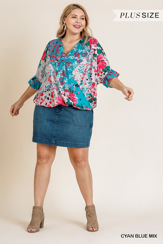 Floral Animal Mixed Print Ruffle Sleeve V-neck Crossbody Top With Scoop Hem - Absolute Fashion 2020