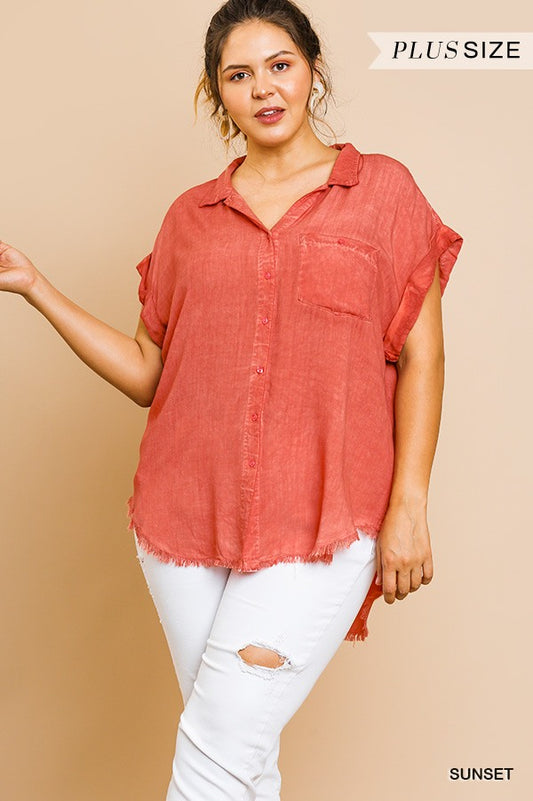 Washed Button Up Short Sleeve Top With Frayed Hemline - Absolute Fashion 2020