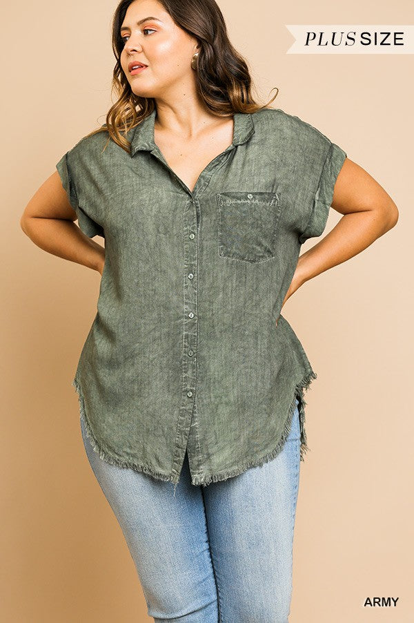 Washed Button Up Short Sleeve Top With Frayed Hemline - Absolute Fashion 2020