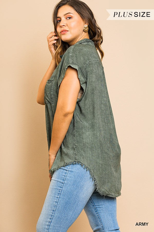 Washed Button Up Short Sleeve Top With Frayed Hemline - Absolute Fashion 2020