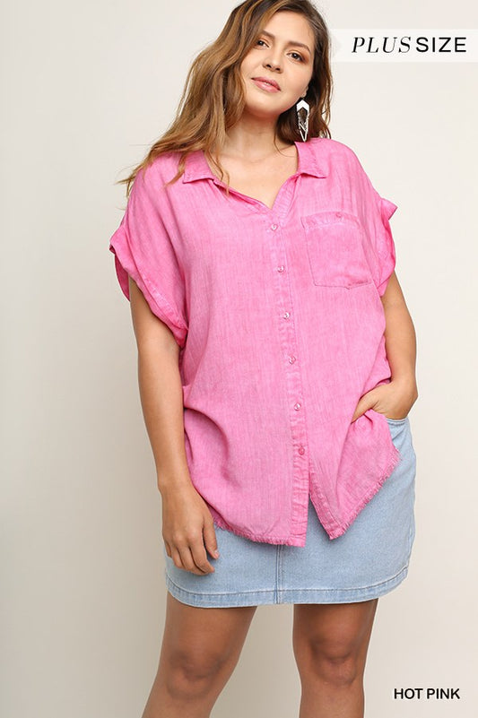 Washed Button Up Short Sleeve Top With Frayed Hemline - Absolute Fashion 2020