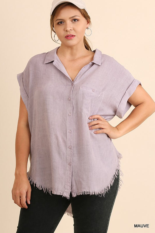 Washed Button Up Short Sleeve Top With Frayed Hemline - Absolute Fashion 2020