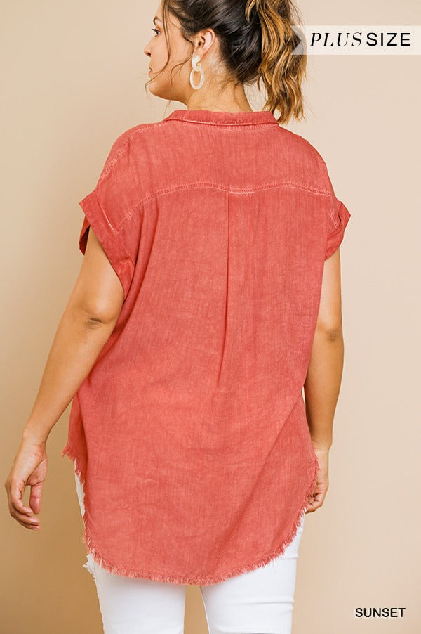Washed Button Up Short Sleeve Top With Frayed Hemline - Absolute Fashion 2020