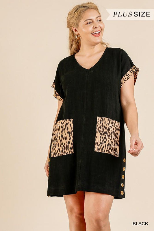 Animal Print Short Folded Sleeve V-neck Dress With Side Buttons And Front Pockets - Absolute Fashion 2020