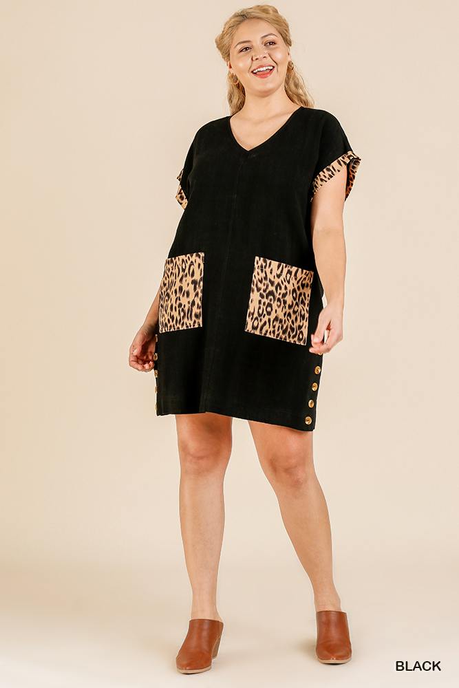 Animal Print Short Folded Sleeve V-neck Dress With Side Buttons And Front Pockets - Absolute Fashion 2020