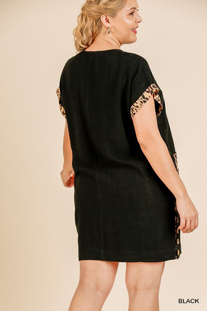 Animal Print Short Folded Sleeve V-neck Dress With Side Buttons And Front Pockets - Absolute Fashion 2020