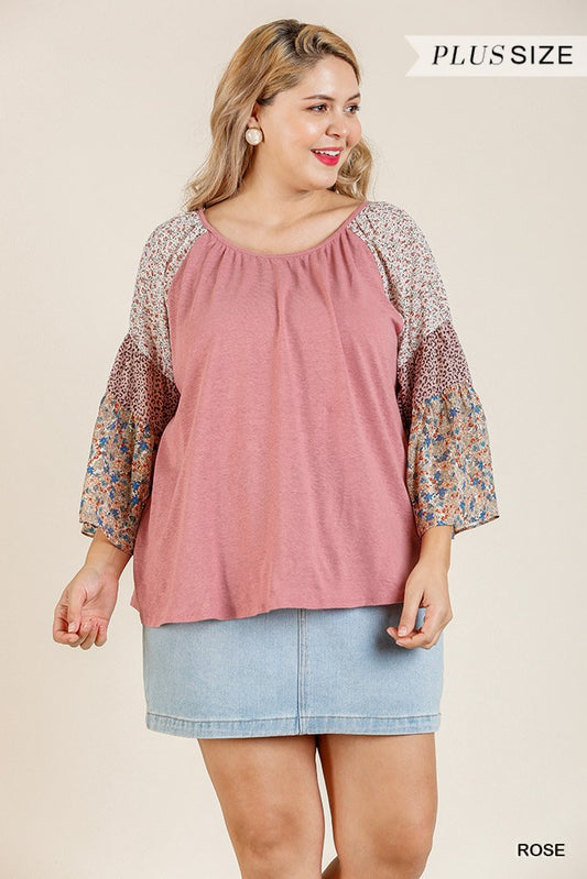 Sheer Mixed Floral Print Bell Sleeve Round Neck Top - Absolute Fashion 2020