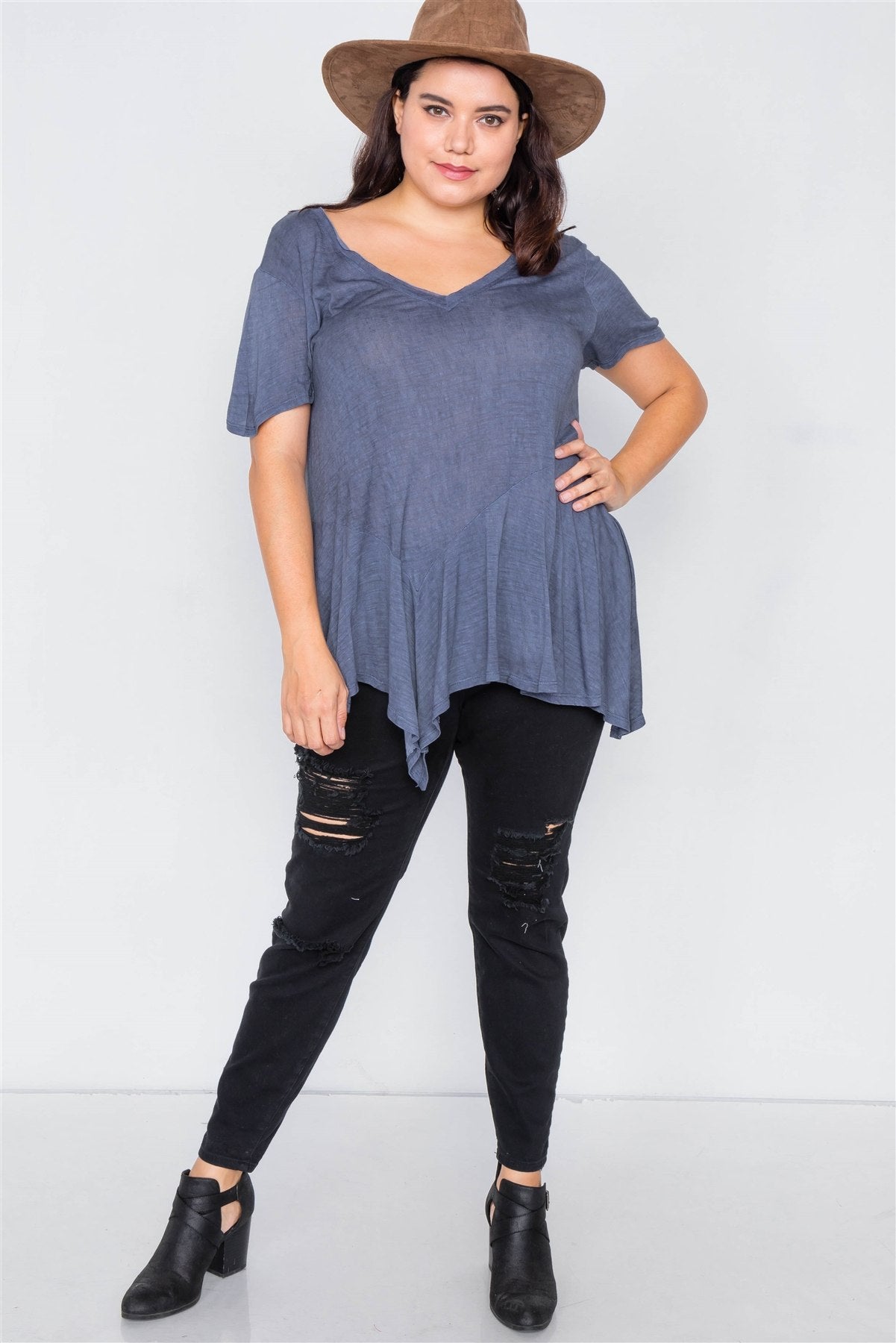 Plus Size Indigo High-low Relaxed Fit Raw Hem Top - Absolute Fashion 2020