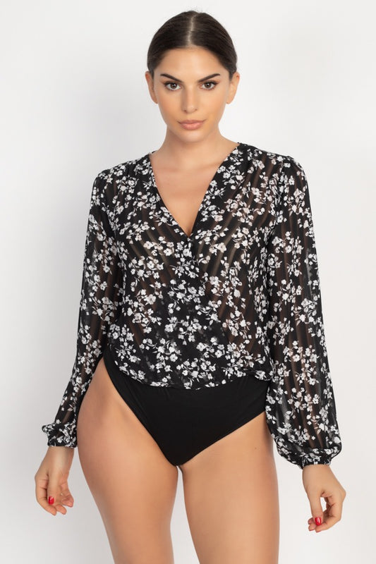 Floral & Shadow Striped Front Wrap Bodysuit - Absolute Fashion 2020