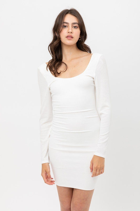 U Neck Of Front And Back Side, Basic Rib Dress With Long Sleeve - Absolute Fashion 2020