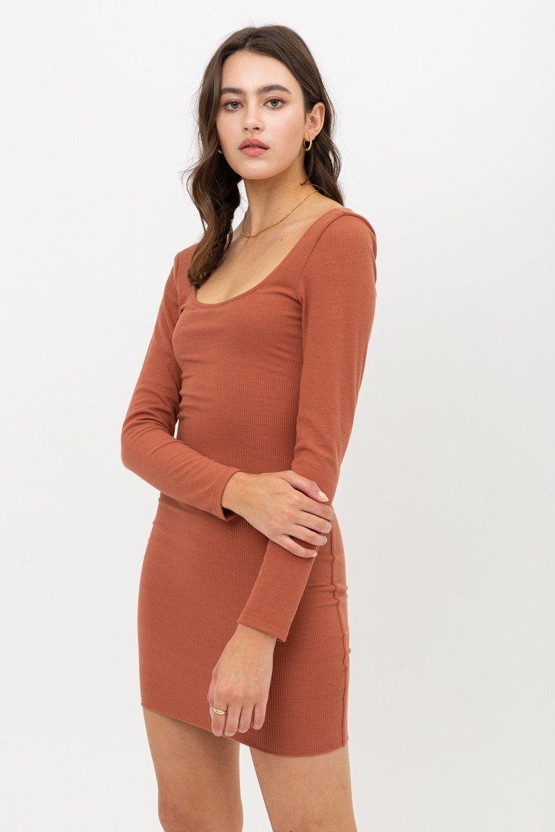 U Neck Of Front And Back Side, Basic Rib Dress With Long Sleeve - Absolute Fashion 2020