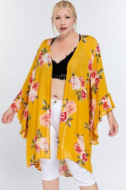 Floral Print Ruffle Detailed Draped Longline Maxi Kimono Cardigan - Absolute Fashion 2020