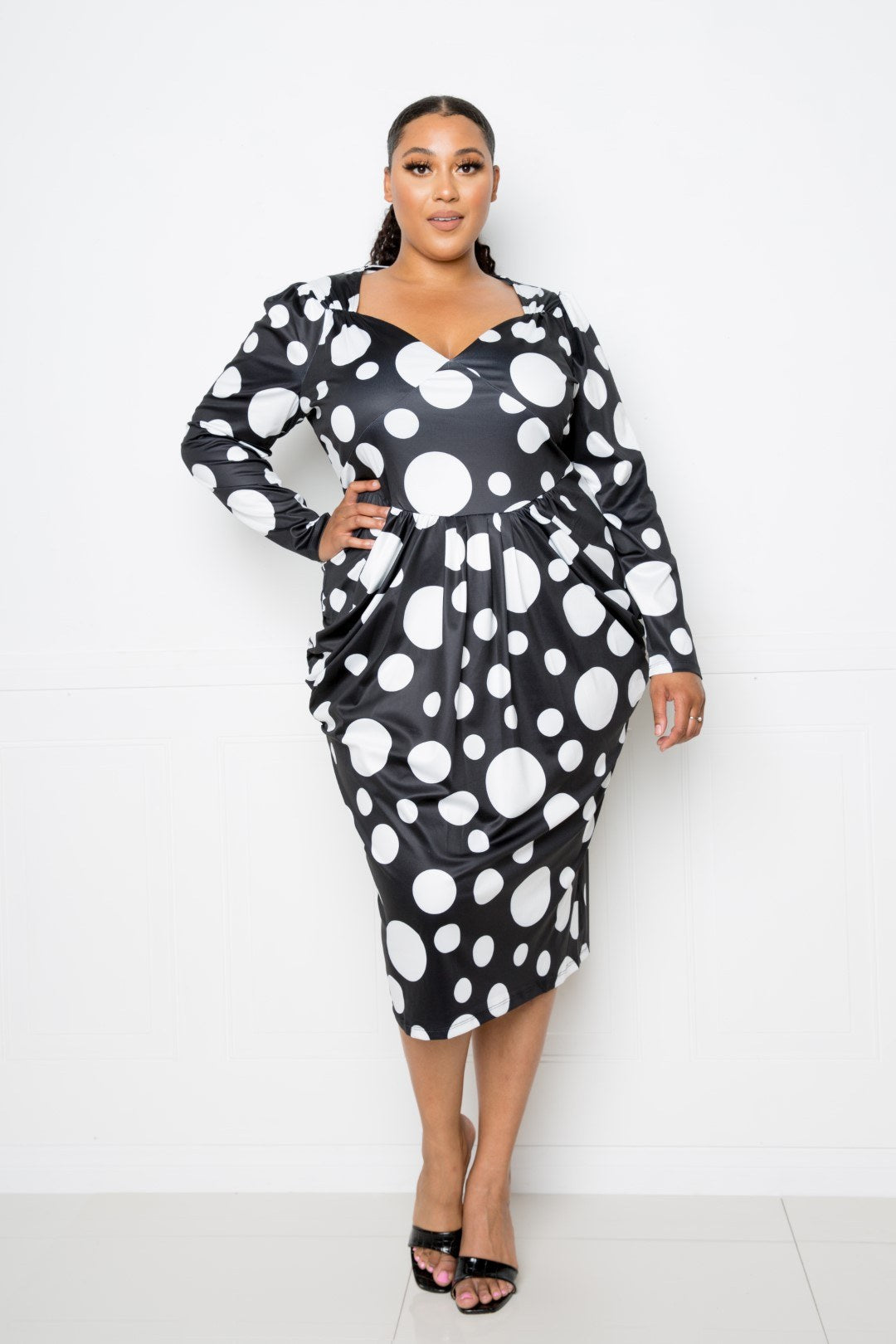 Polka Dot Drop Waist Ruched Midi Dress - Absolute Fashion 2020