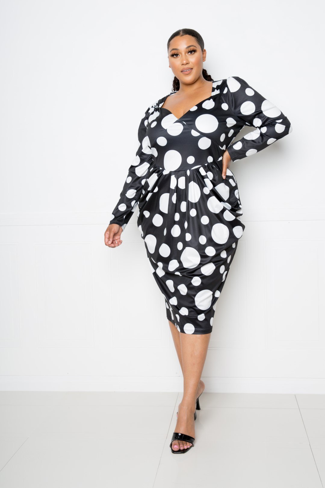 Polka Dot Drop Waist Ruched Midi Dress - Absolute Fashion 2020