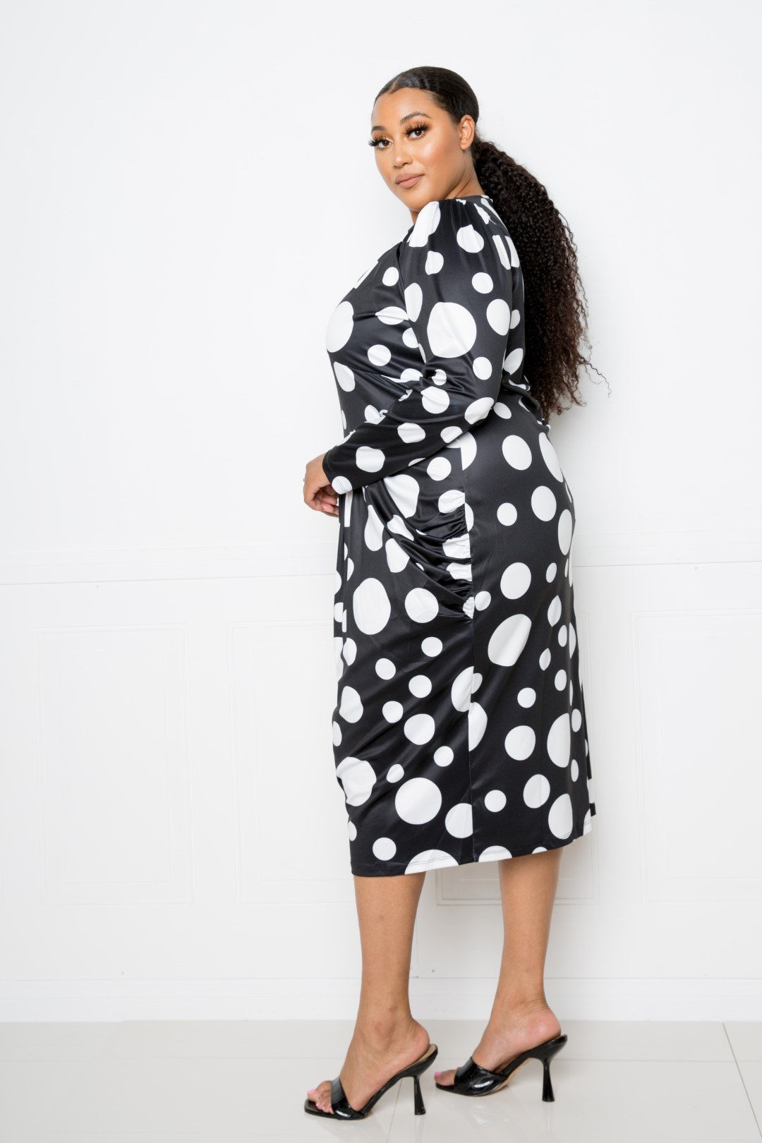 Polka Dot Drop Waist Ruched Midi Dress - Absolute Fashion 2020