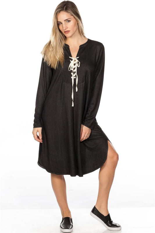 Lace Up V Neck Loose Tunic Dress - Absolute Fashion 2020