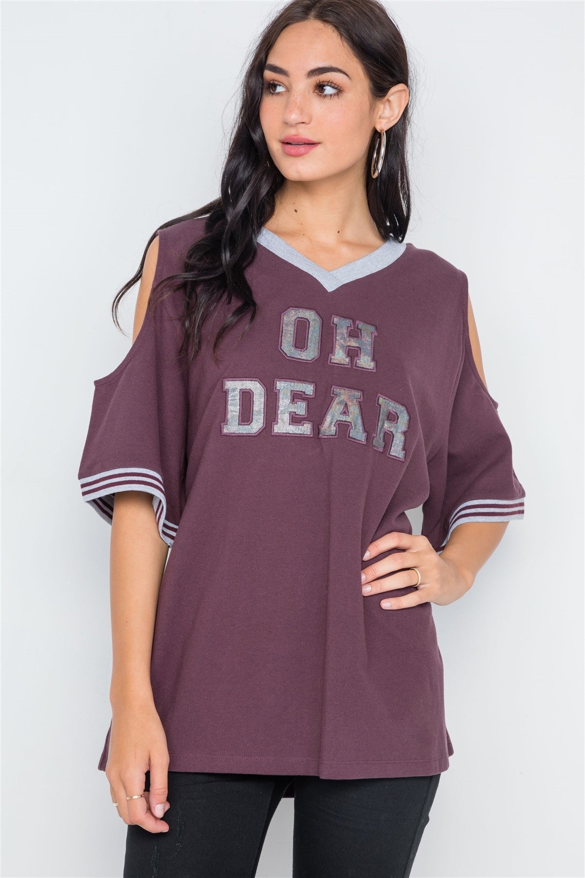Burgundy Cold Shoulder "oh Dear" Graphic Top - Absolute Fashion 2020