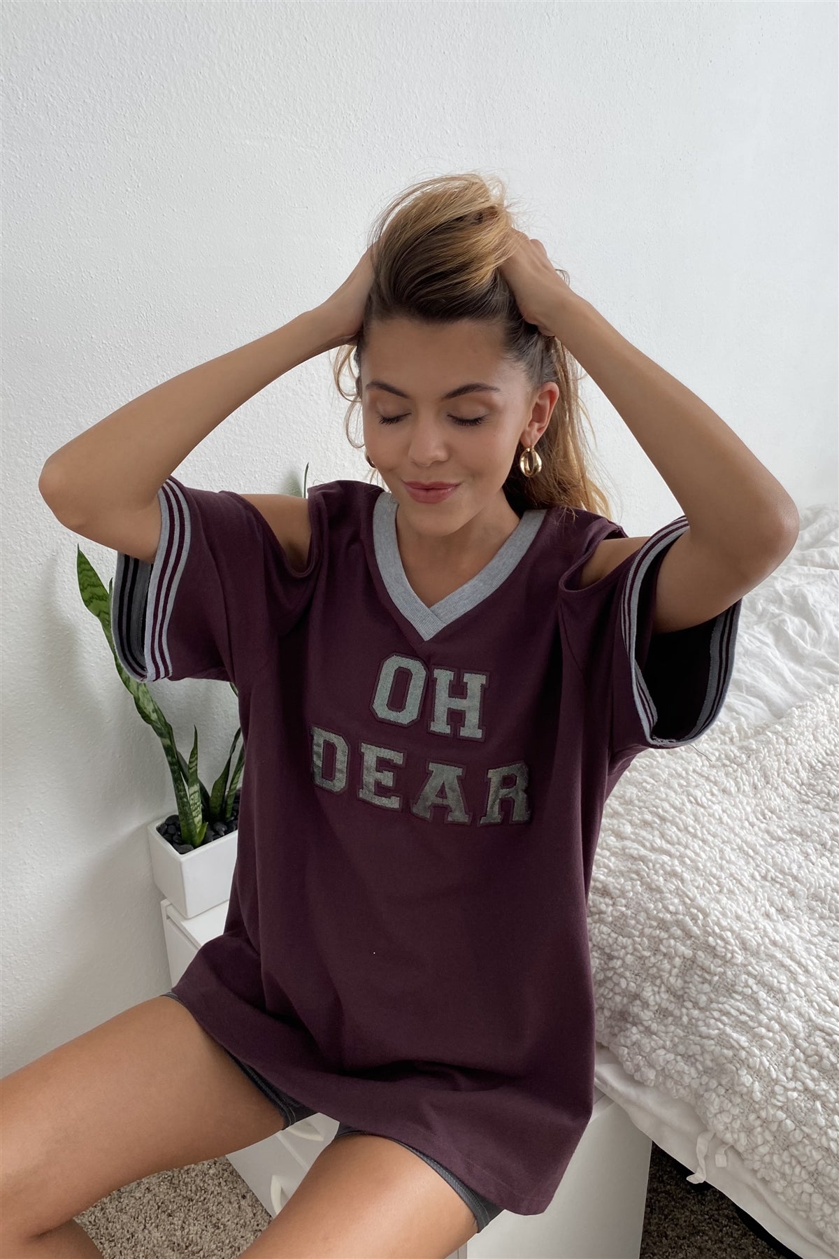 Burgundy Cold Shoulder "oh Dear" Graphic Top - Absolute Fashion 2020