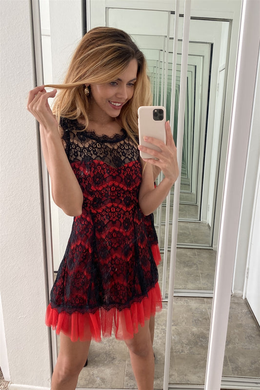 Black Red Lace Contrast Tulle Hem Mini Dress - Absolute Fashion 2020