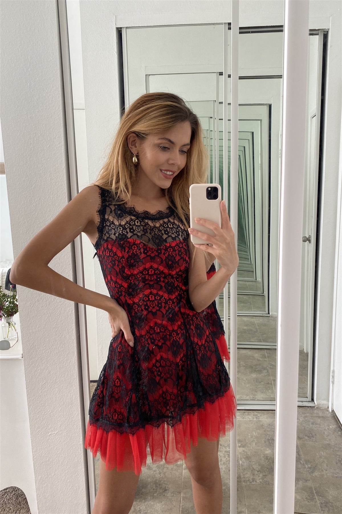 Black Red Lace Contrast Tulle Hem Mini Dress - Absolute Fashion 2020
