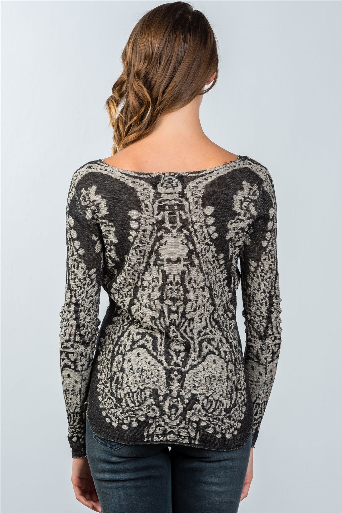 Grey Textured Print Dropped Shoulder Boho Sweatshirt - Absolute Fashion 2020