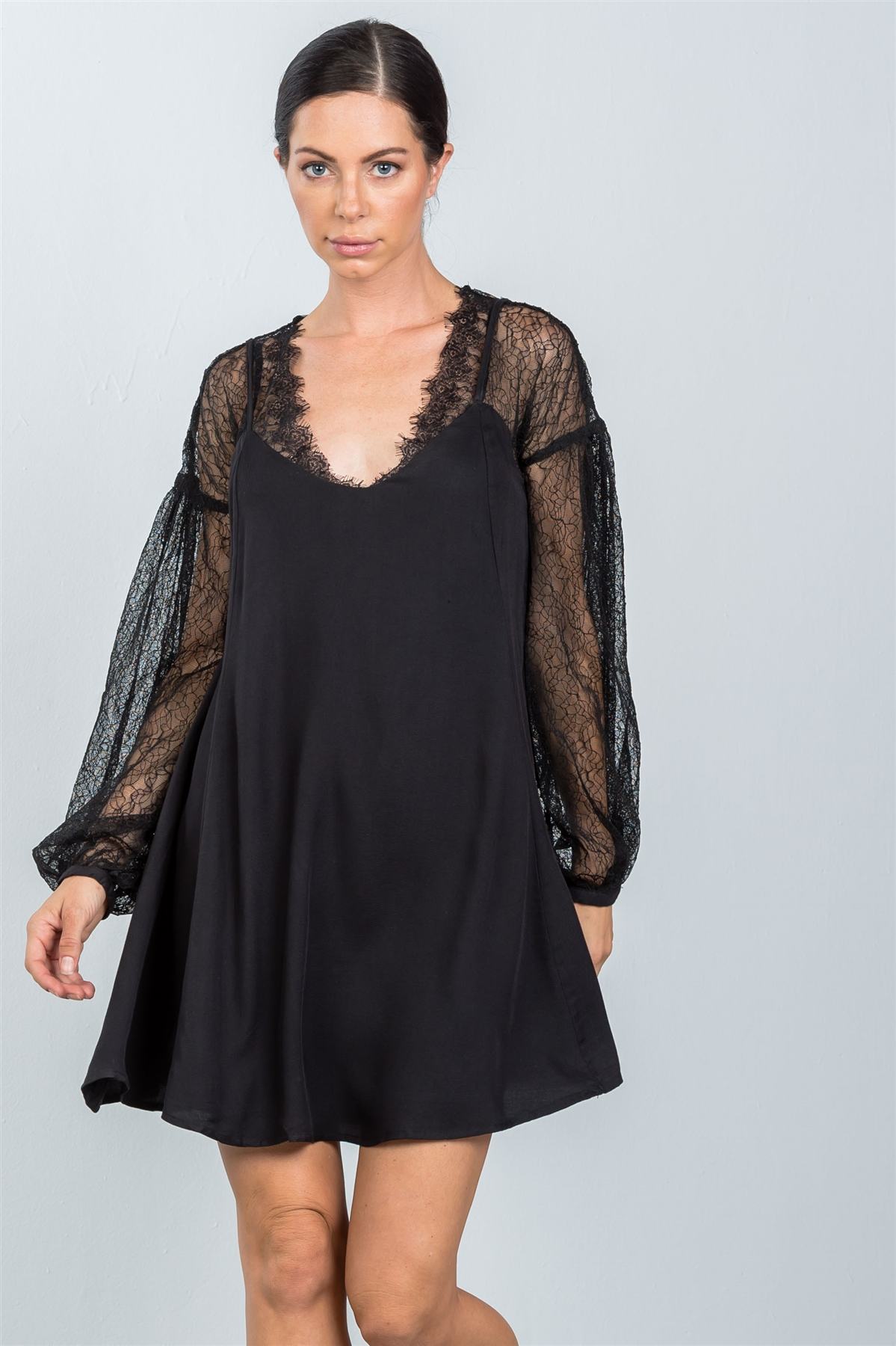 Boho Black Floral Lace Cami Swing Mini Dress - Absolute Fashion 2020