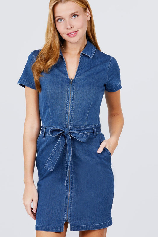 Short Sleeve Collar With Front Zipper Waist Ribbon Denim Mini Dress - Absolute Fashion 2020