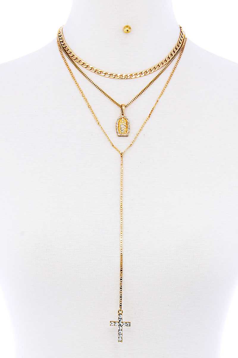 Triple Layer Chain Cross And Mary Pendant With Earring Set - Absolute Fashion 2020