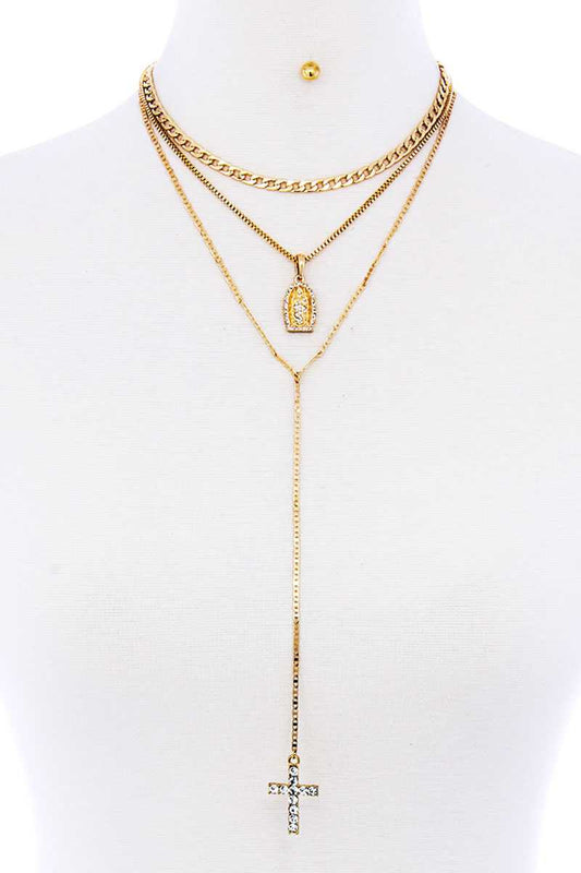 Triple Layer Chain Cross And Mary Pendant With Earring Set - Absolute Fashion 2020