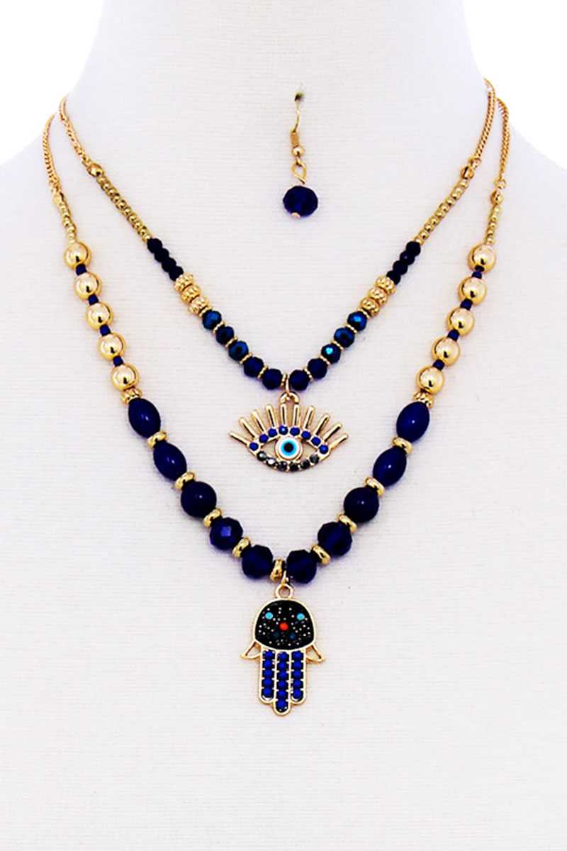 Double Layer Hamsa And Evil Eye Pendant Necklace And Earring Set - Absolute Fashion 2020