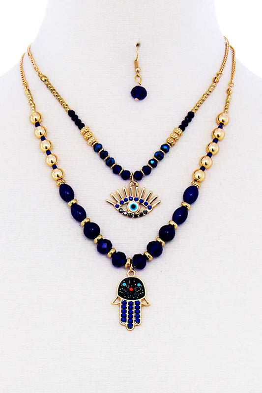 Double Layer Hamsa And Evil Eye Pendant Necklace And Earring Set - Absolute Fashion 2020
