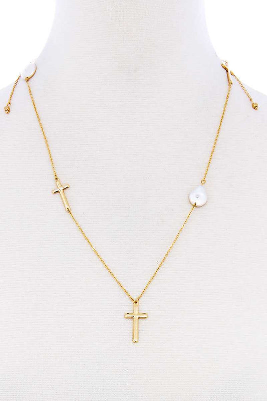 Triple Cross And Pearl Pendant Endless Necklace - Absolute Fashion 2020
