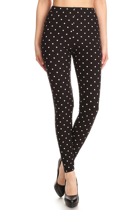 High Waisted Leggings With An Elastic Band In A White Polka Dot Print Over A Black Background - Absolute Fashion 2020