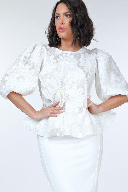 Puff Sleeve Flower Patch Lace Peplum Top - Absolute Fashion 2020