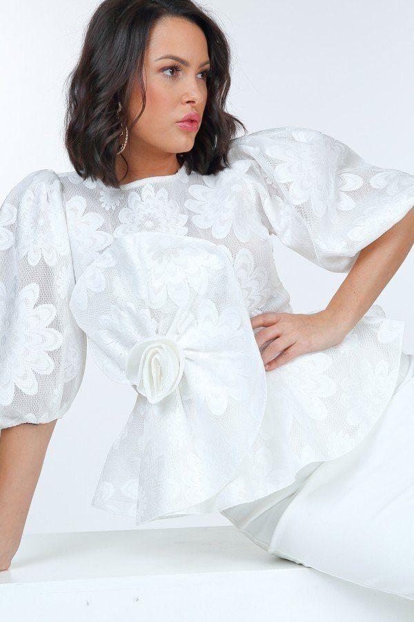 Puff Sleeve Flower Patch Lace Peplum Top - Absolute Fashion 2020