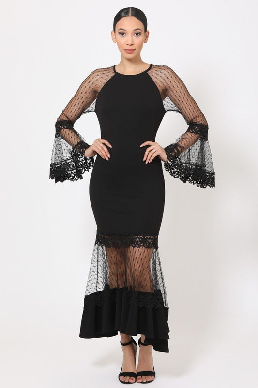 Bell Sleeve Mesh Combined Fashion Long Dress - Absolute Fashion 2020