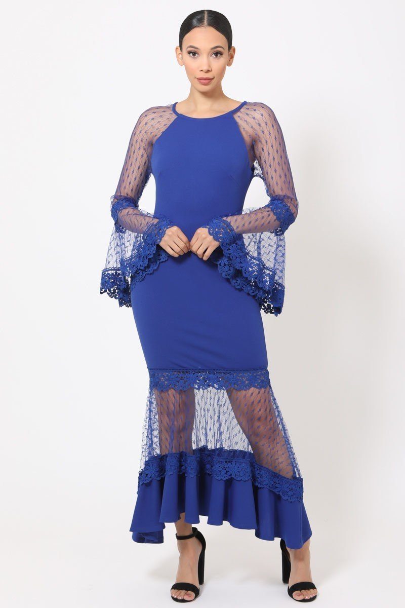 Bell Sleeve Mesh Combined Fashion Long Dress - Absolute Fashion 2020