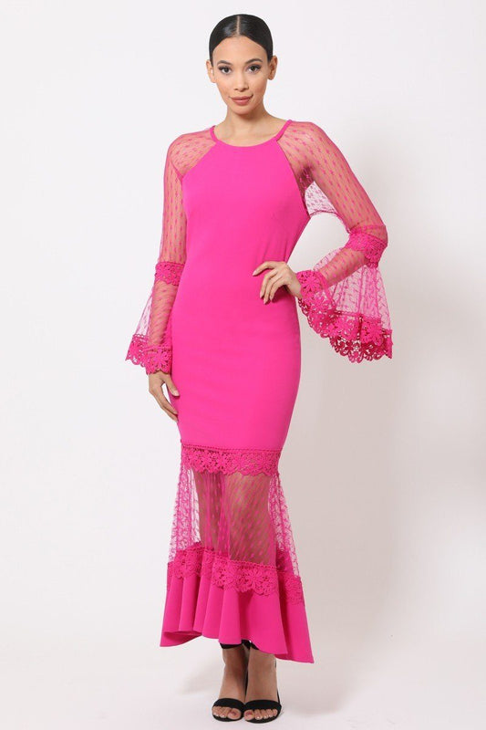Bell Sleeve Mesh Combined Fashion Long Dress - Absolute Fashion 2020