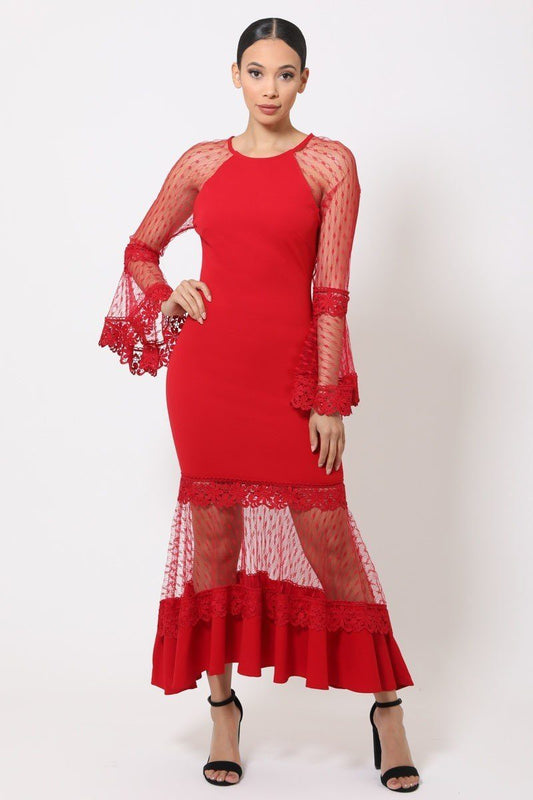 Bell Sleeve Mesh Combined Fashion Long Dress - Absolute Fashion 2020