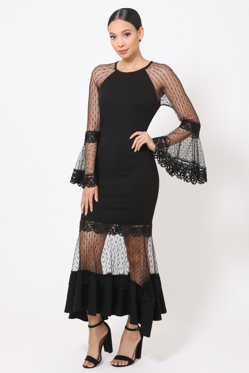Bell Sleeve Mesh Combined Fashion Long Dress - Absolute Fashion 2020