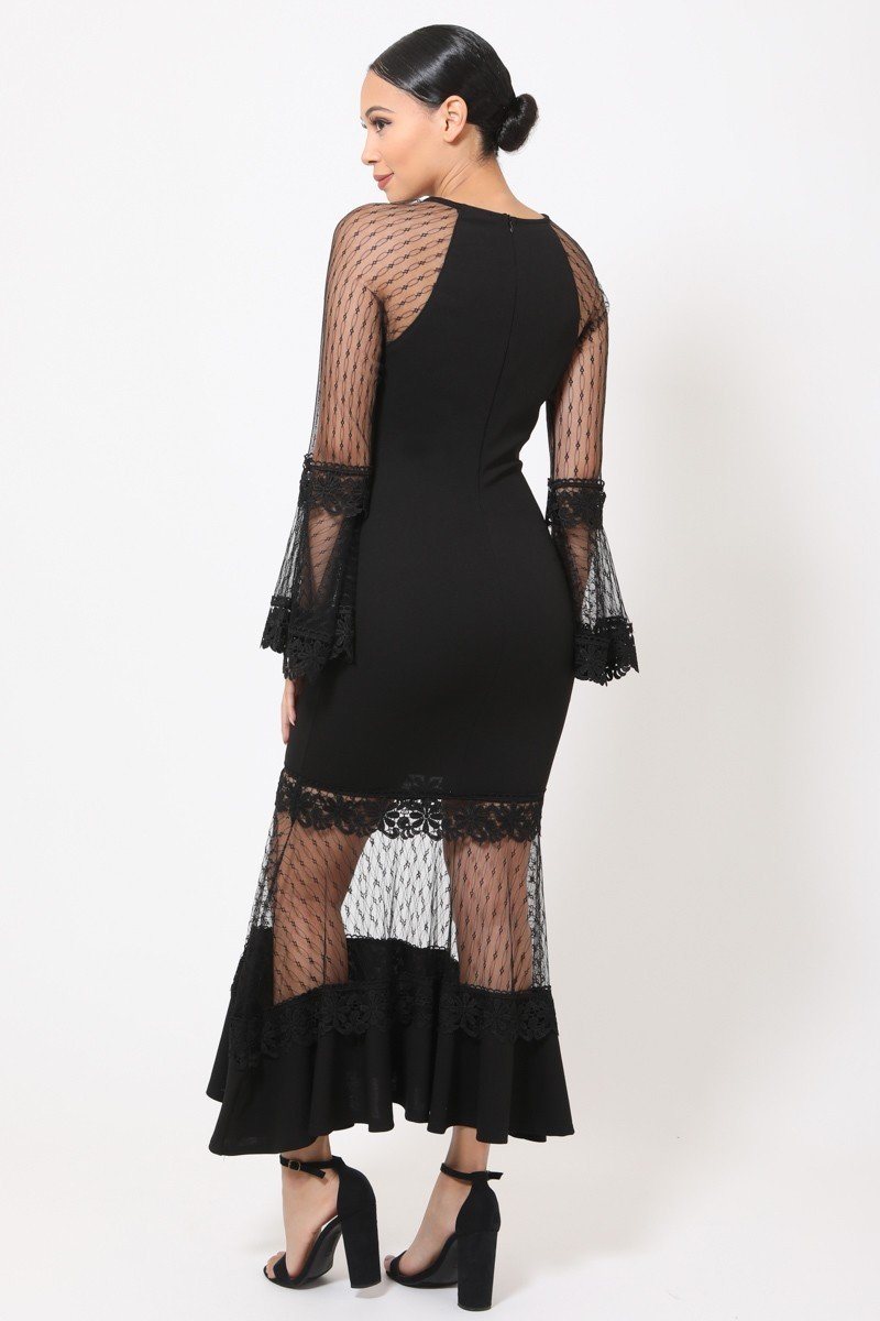 Bell Sleeve Mesh Combined Fashion Long Dress - Absolute Fashion 2020