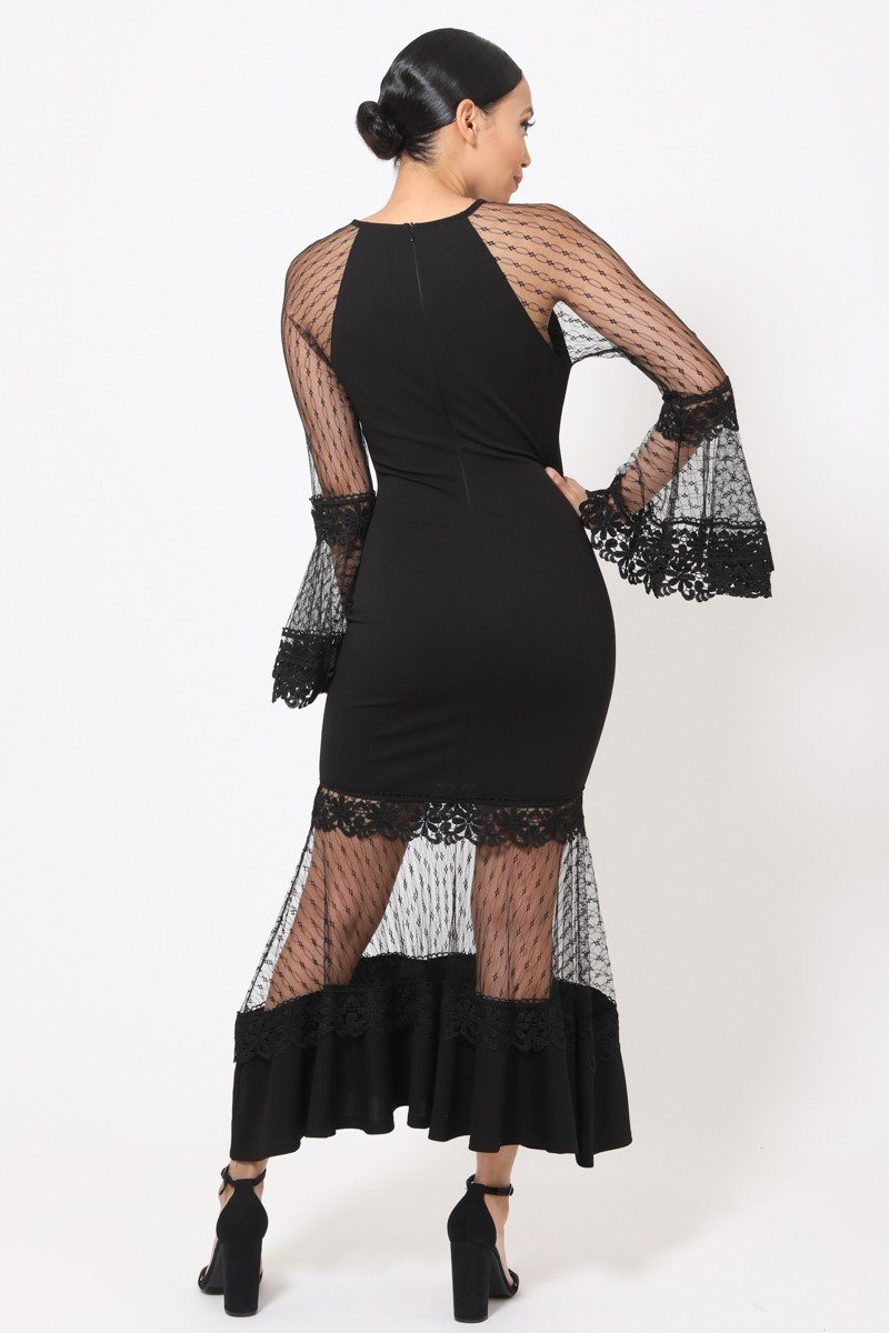 Bell Sleeve Mesh Combined Fashion Long Dress - Absolute Fashion 2020