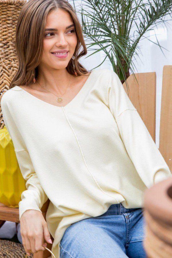 V Neck 3/4 Sleeve Side Slit Hi-lo Sweater - Absolute Fashion 2020