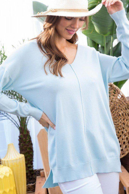 V Neck 3/4 Sleeve Side Slit Hi-lo Sweater - Absolute Fashion 2020