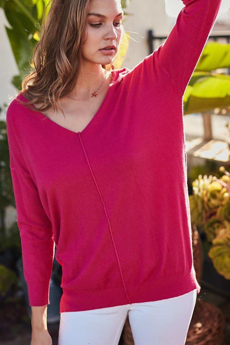 V Neck 3/4 Sleeve Side Slit Hi-lo Sweater - Absolute Fashion 2020