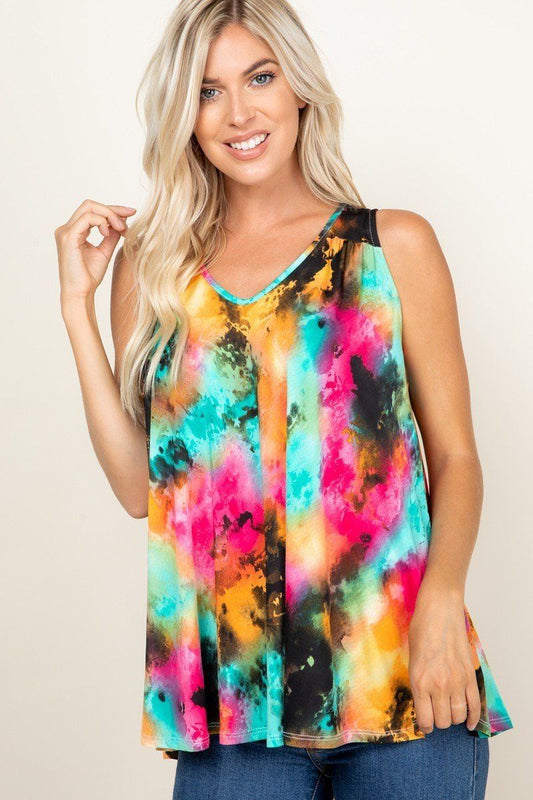 Tie Dye Sleeveless V Neck Swing Tunic Top - Absolute Fashion 2020